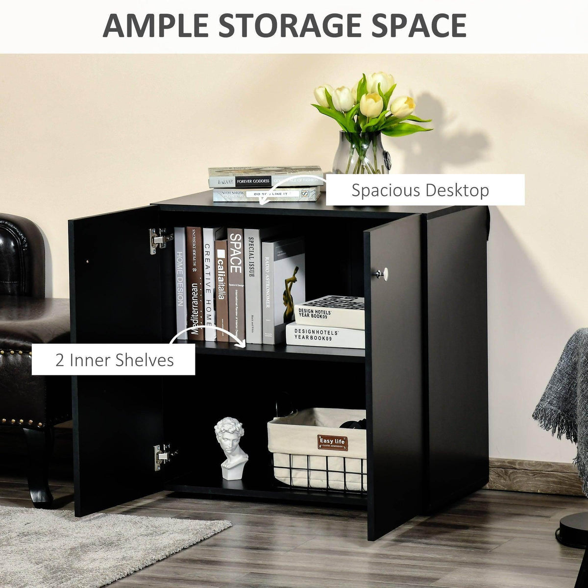 Black storage cabinet with double doors open to reveal two interior shelves and hinges