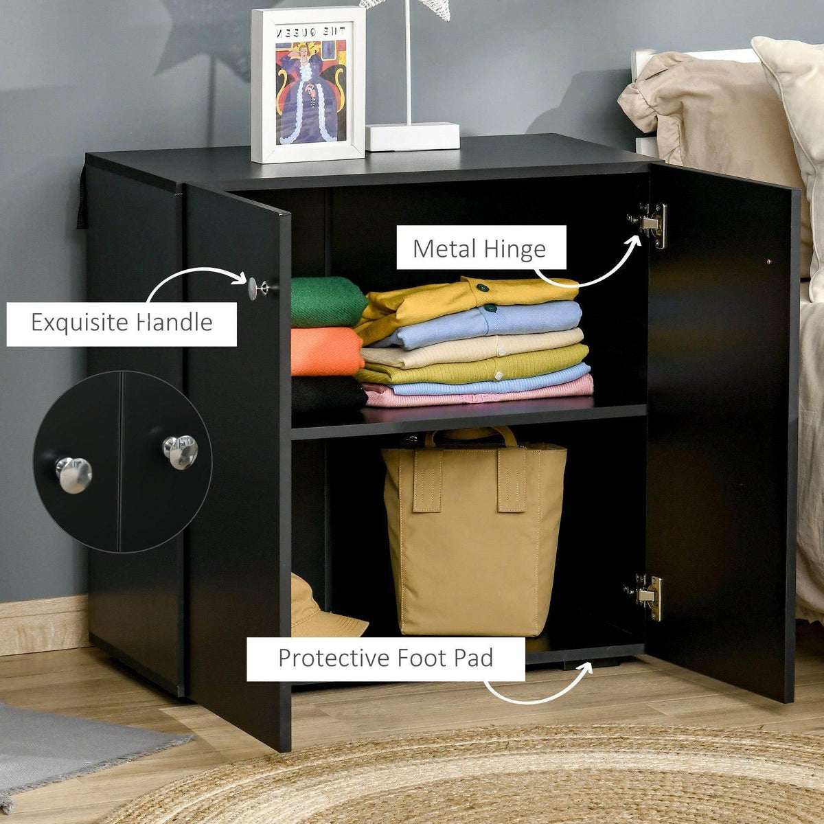 Black storage cabinet open with shelf storage, metal hinges and pull-style door handles