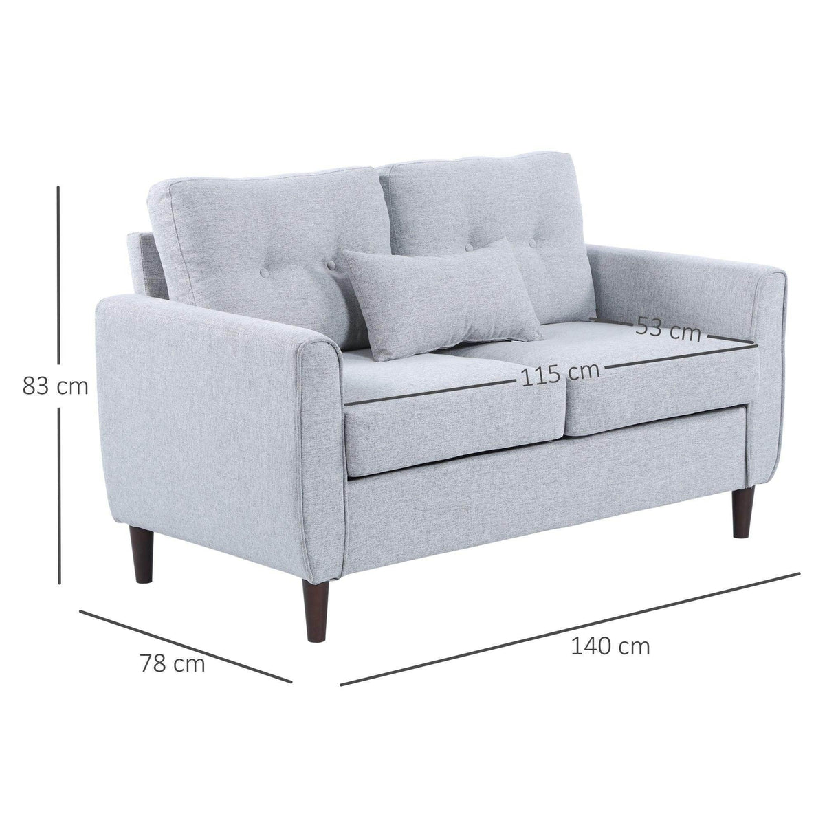 Light grey loveseat side view with back cushions, square arms, and wooden legs