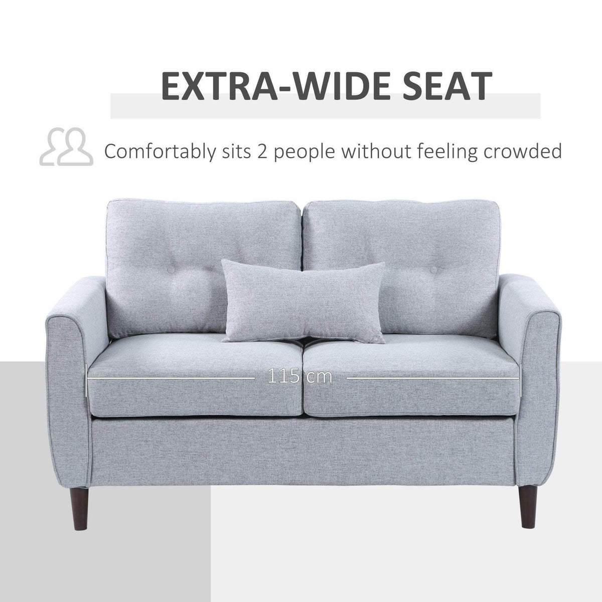 Light grey upholstered loveseat with wide seat, tufted back cushions, and wooden legs