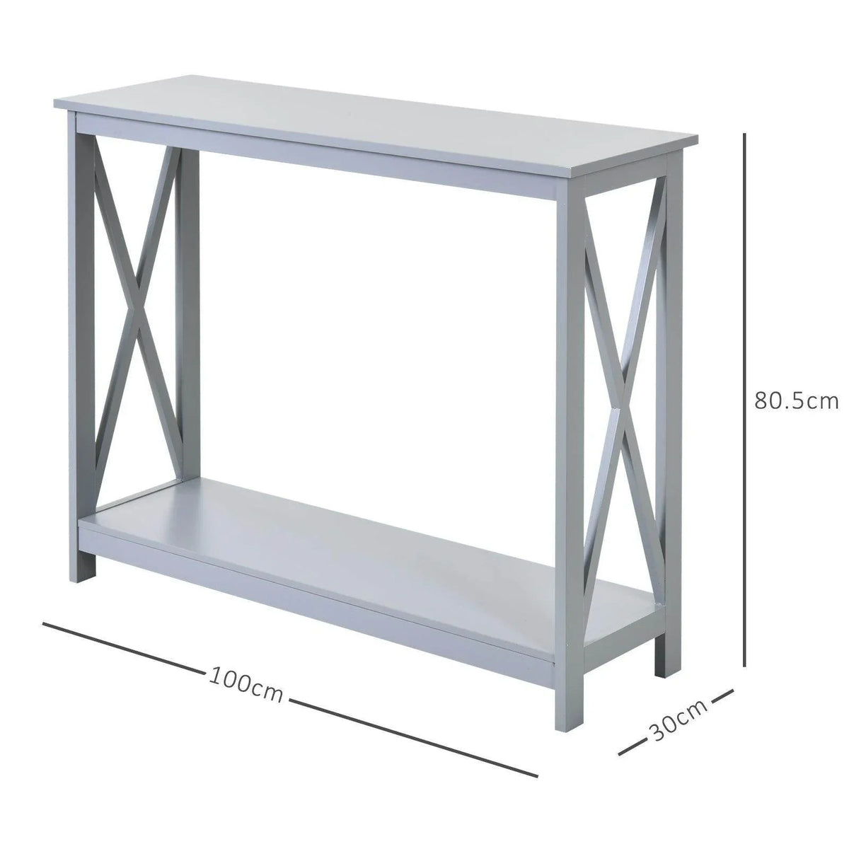 Grey console table with open bottom shelf and X-frame legs, rectangular top