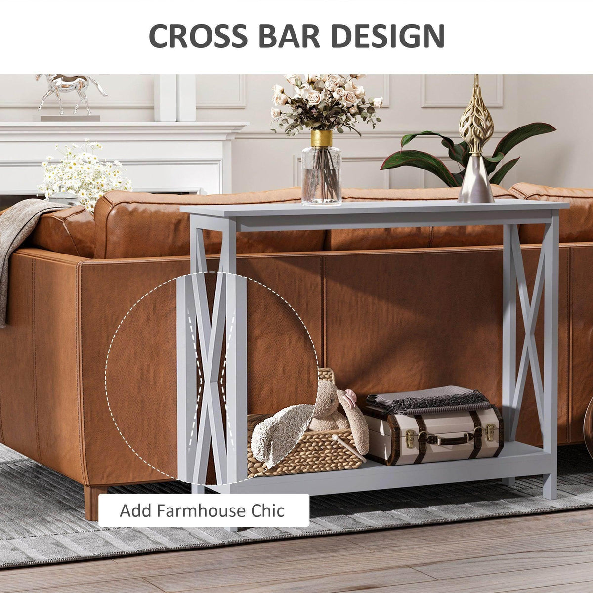 Grey console table with open shelf and cross-bar support under the tabletop