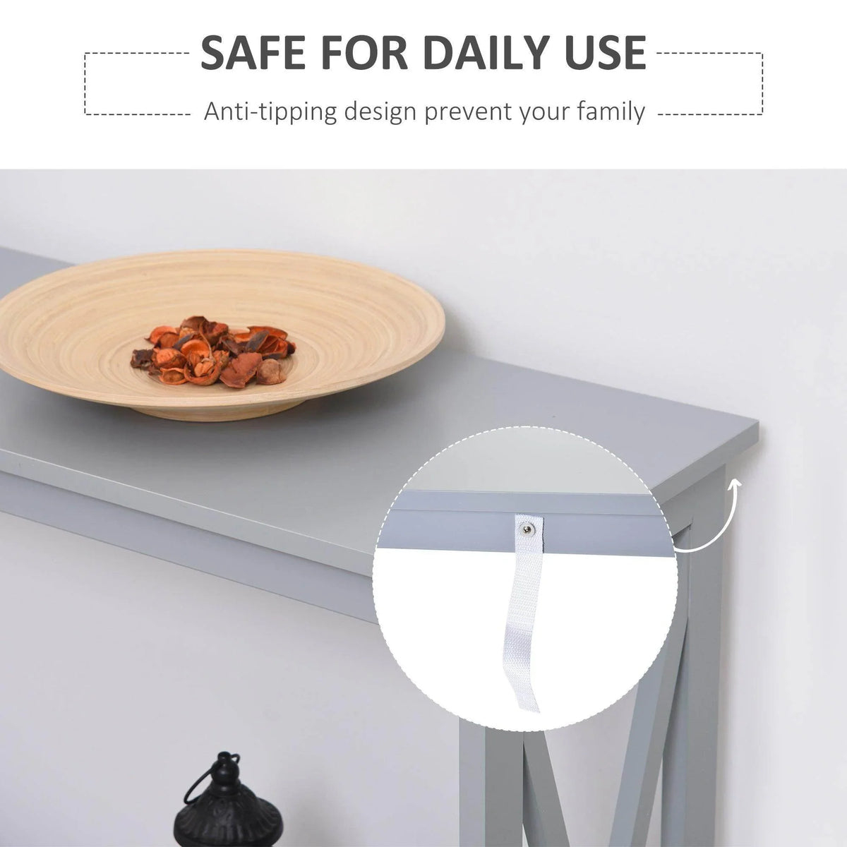 Grey console table top with open lower shelf and anti-tip safety strap