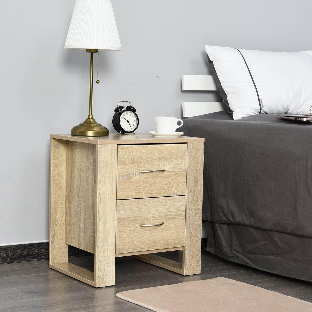 Light oak nightstand with 2 drawers, brushed metal handles, and open lower shelf.