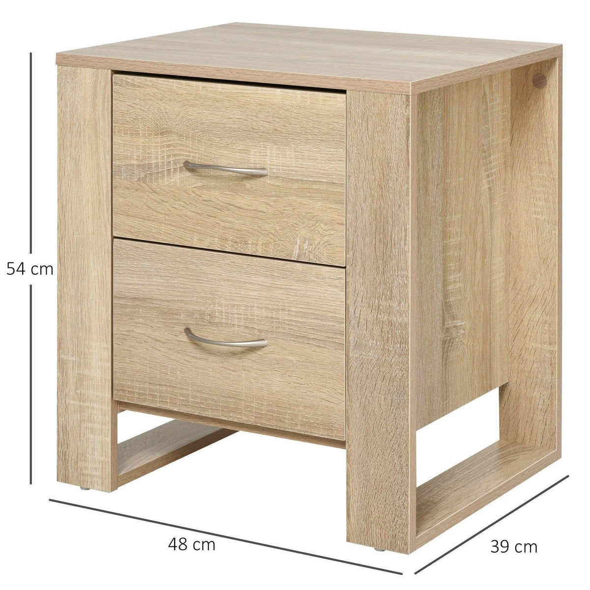 Light oak nightstand with two drawers and curved metal pulls, side view.
