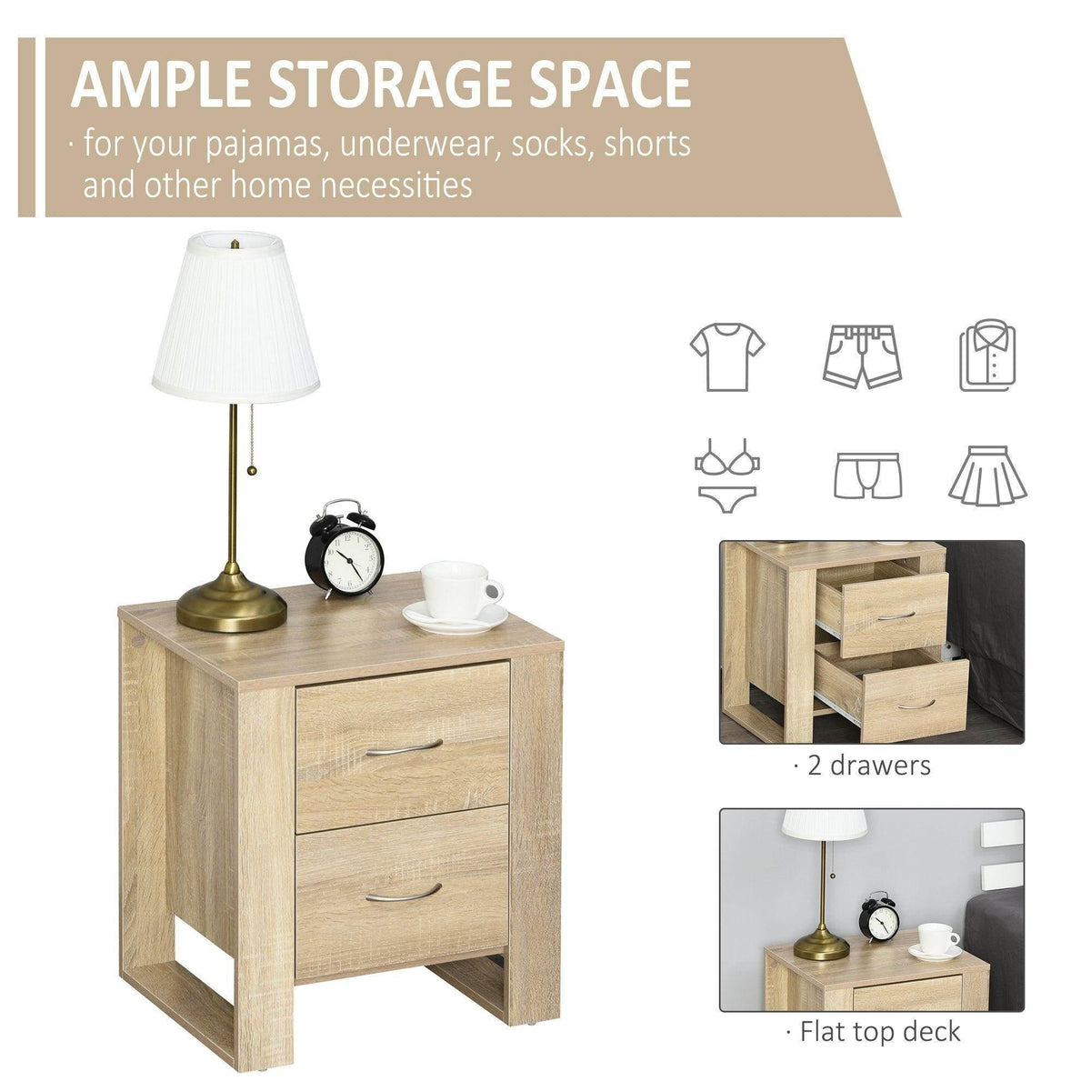 Light oak nightstand with 2 drawers and flat top deck for bedside storage.