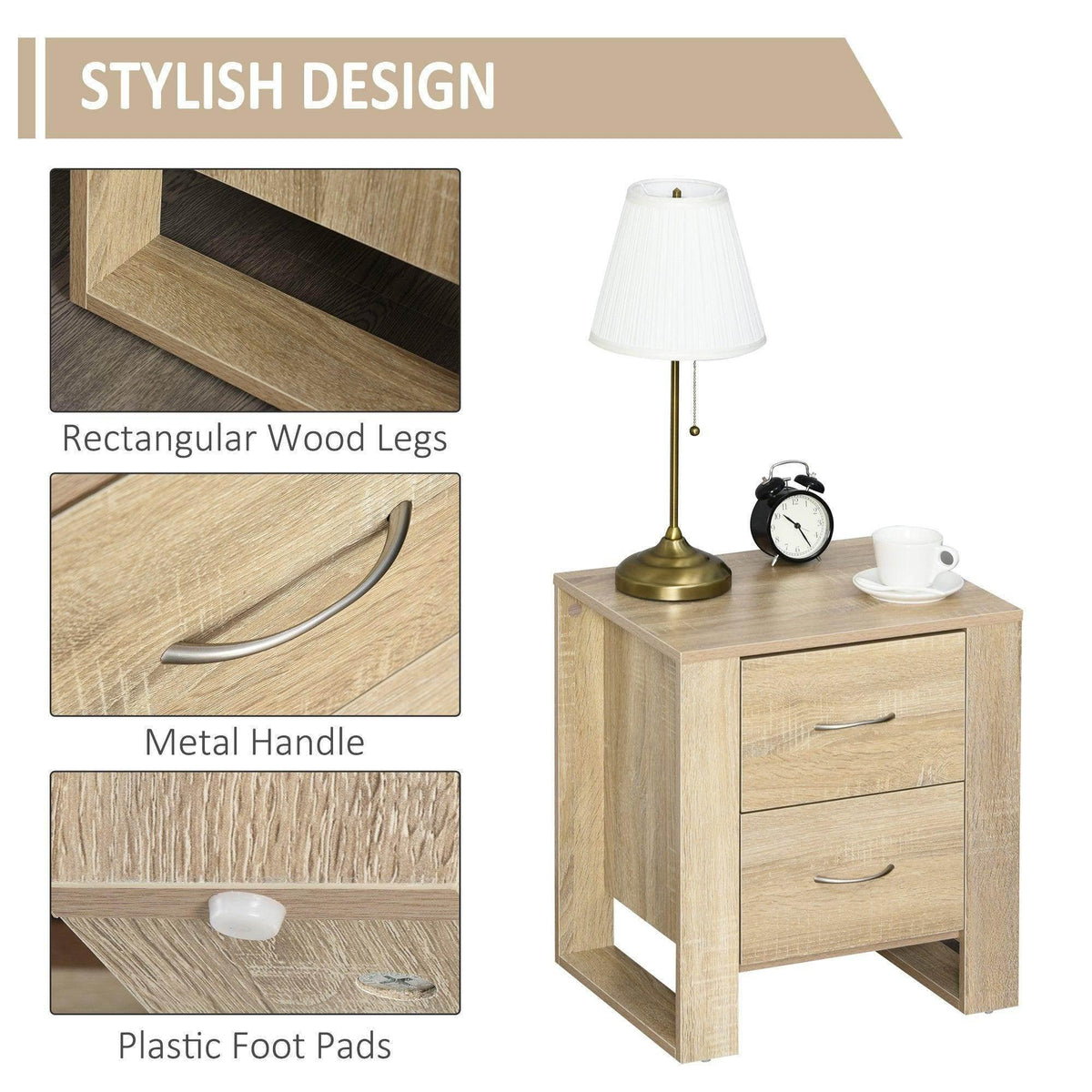 Light oak nightstand with metal handles and rectangular wood legs, lamp on top.