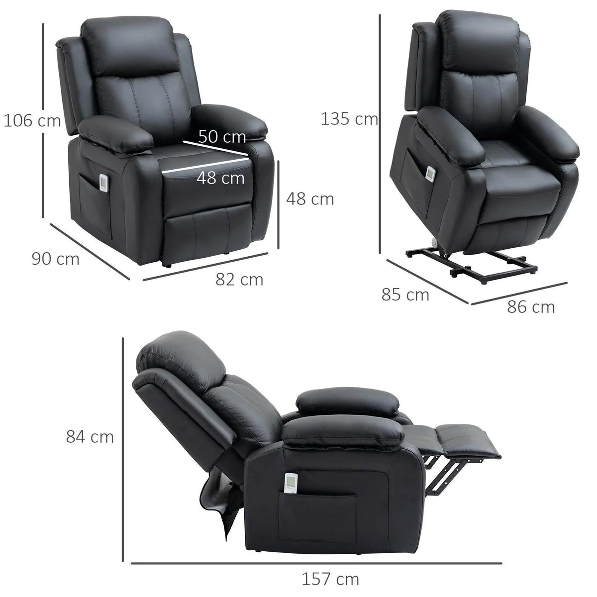 Black power lift recliner chair shown with dimension measurements and side view.