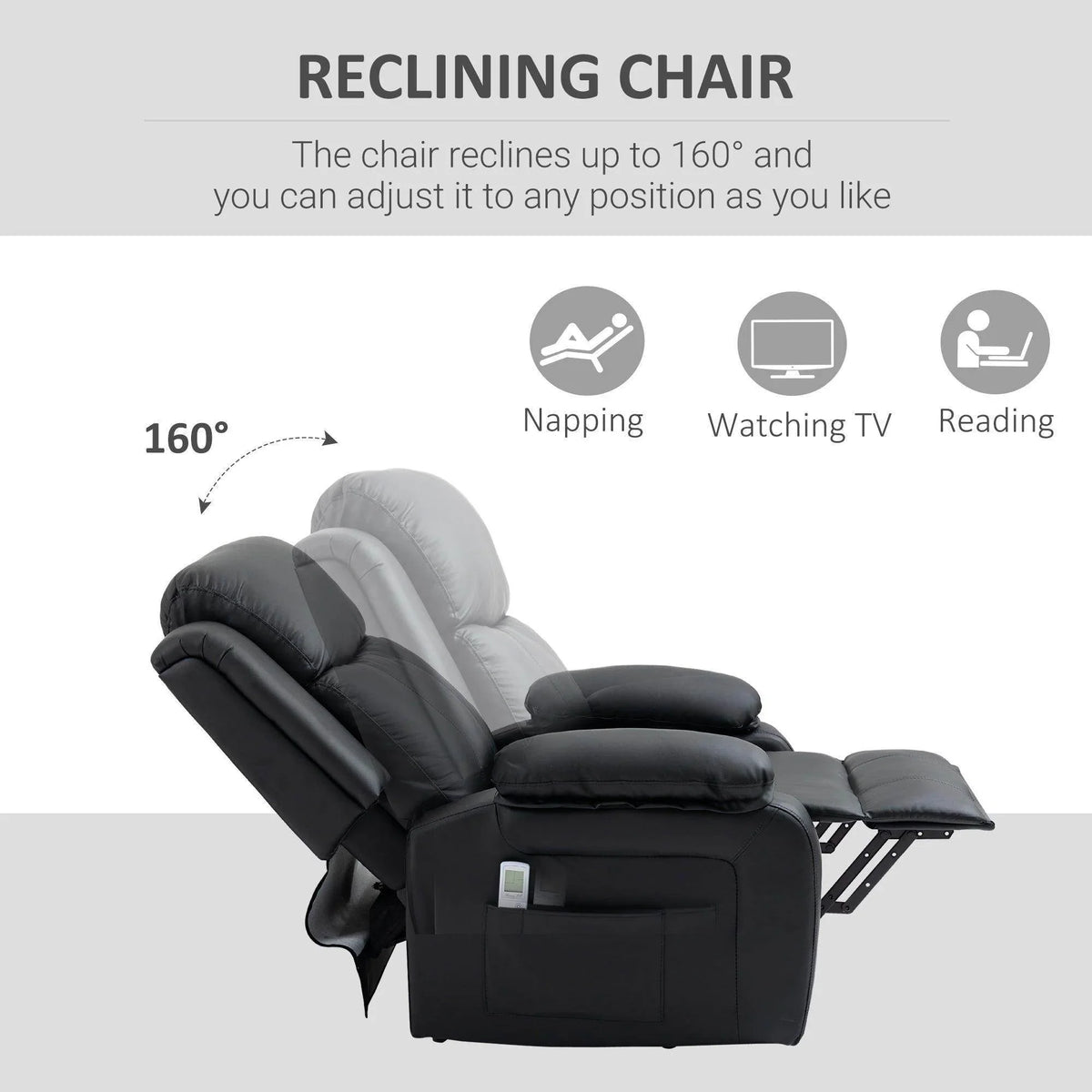 Black power recliner chair with extended footrest and adjustable back angle up to 160°.