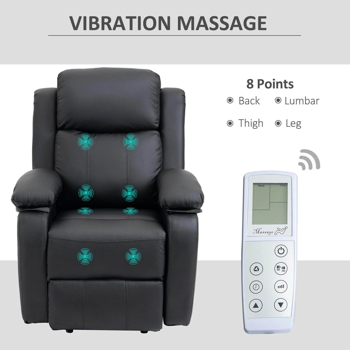 Black massage recliner chair with back vibration nodes and handheld remote control.