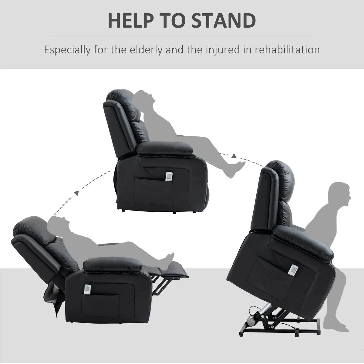 Black power lift recliner chair with lift-assist positions for standing and lounging.