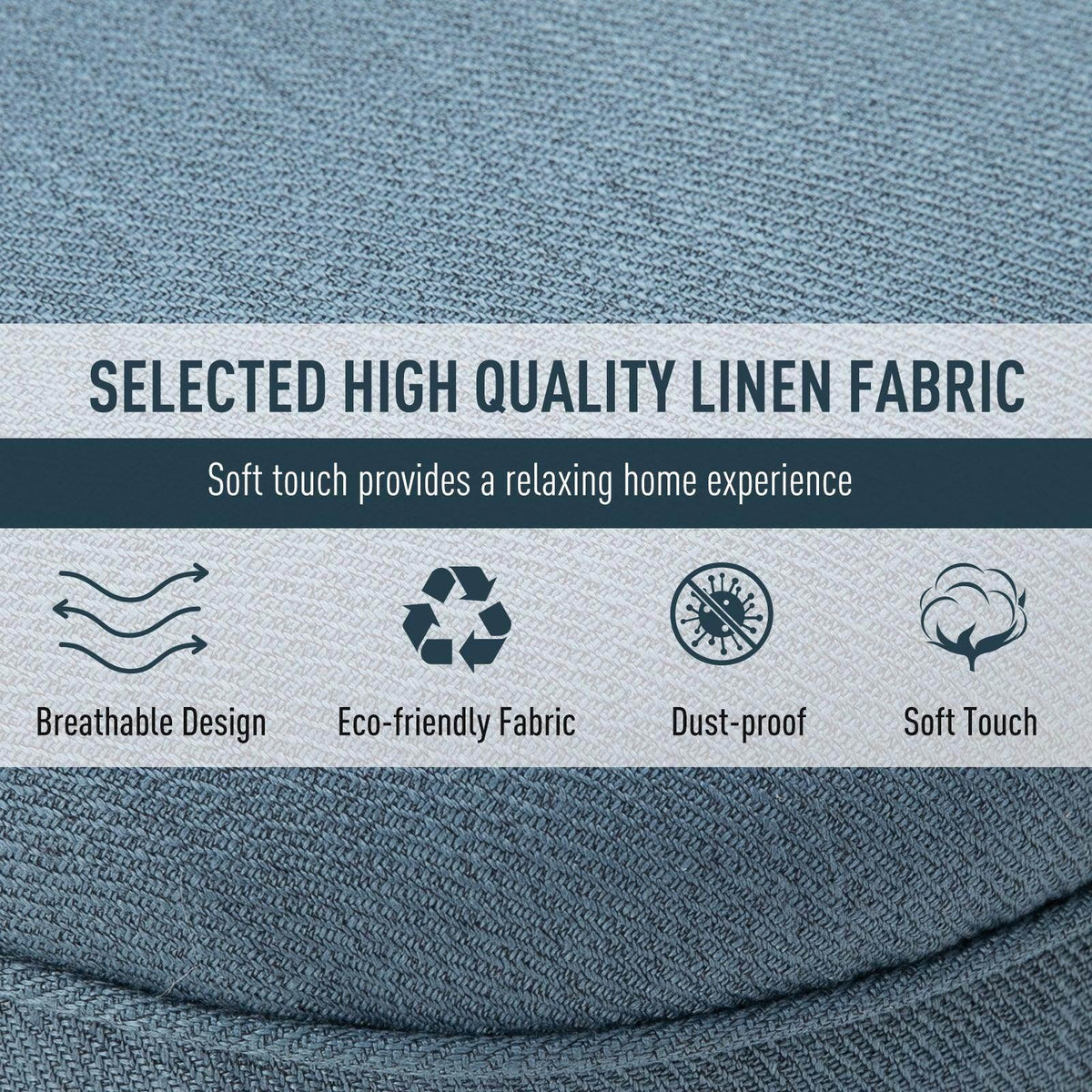 Blue linen-style fabric upholstery close-up with textured woven finish
