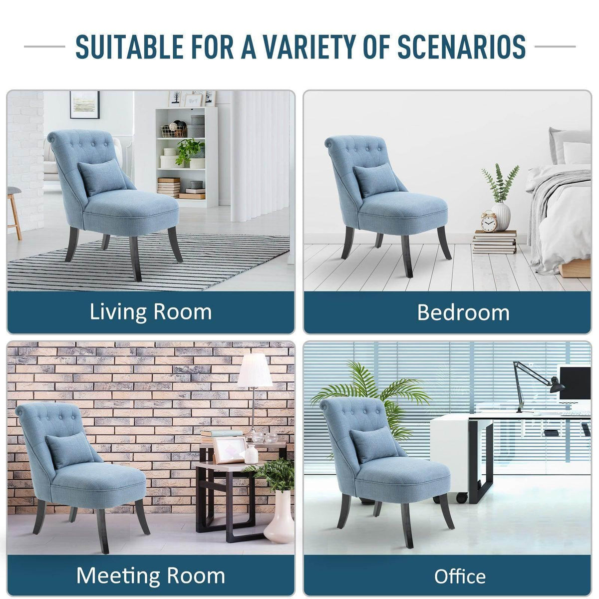 Blue upholstered single armchair with square pillow shown in multiple room settings