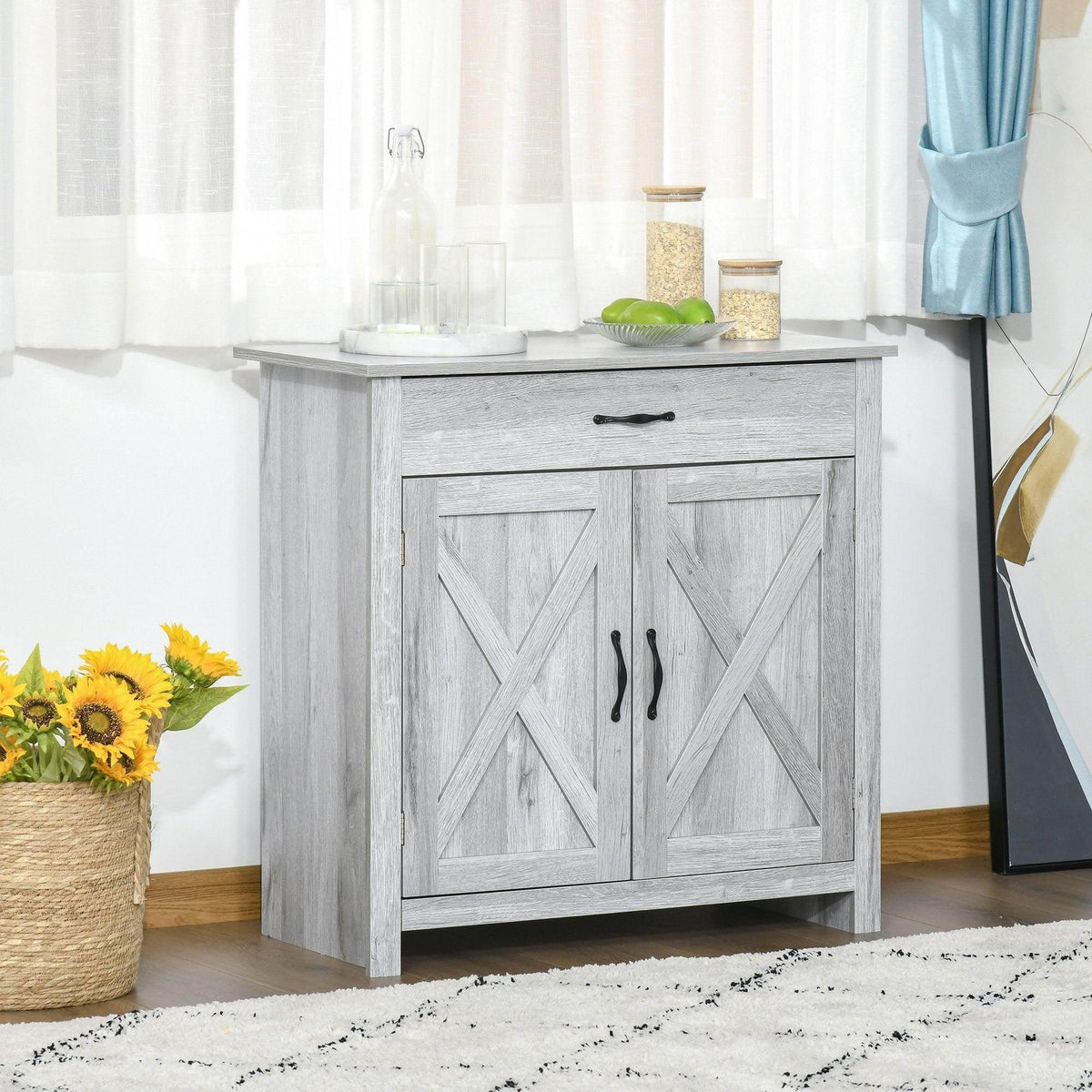 Grey farmhouse barn-door sideboard cabinet with two doors and drawer, cross X panels