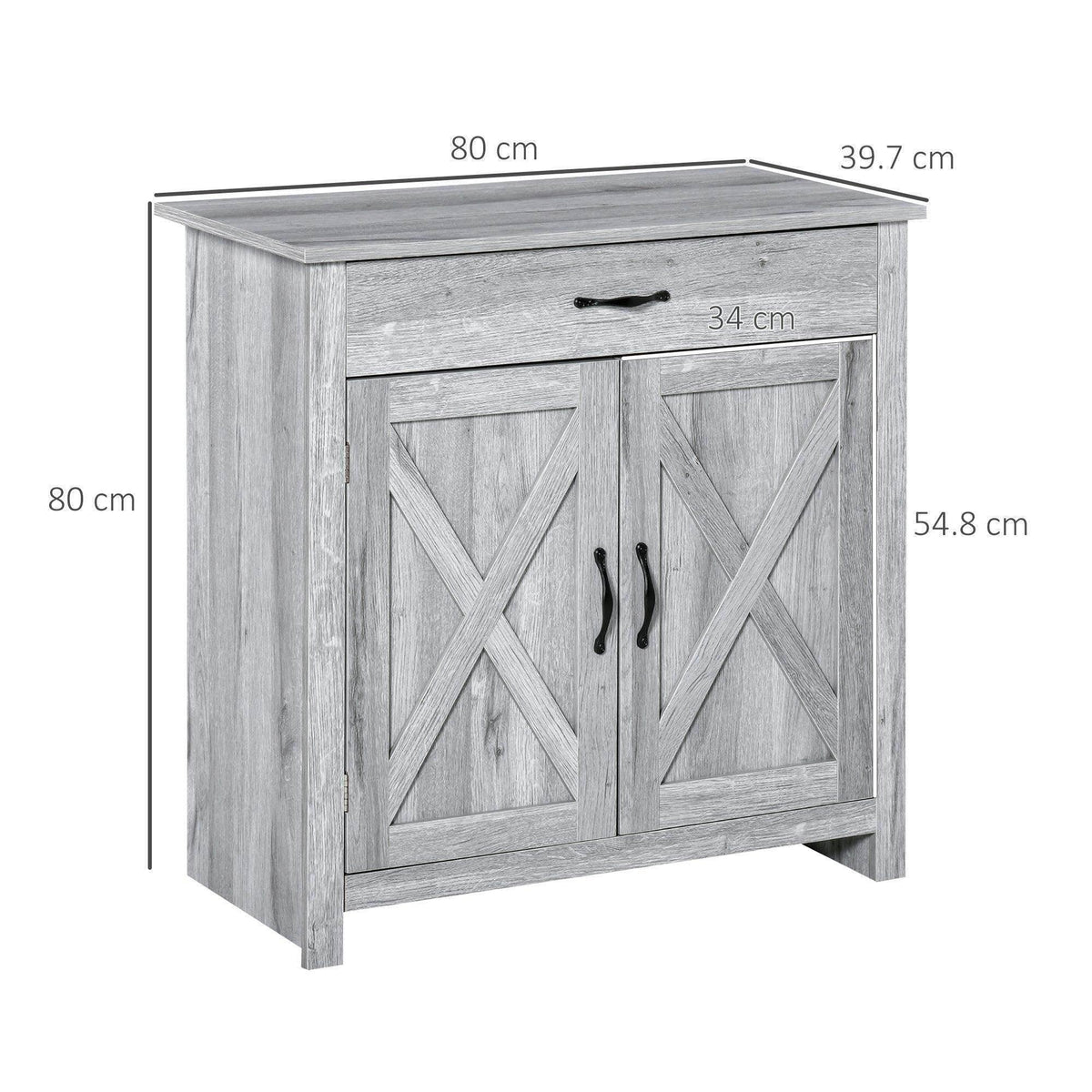 Grey sideboard cabinet with two barn-style doors, top drawer, and X-pattern panels