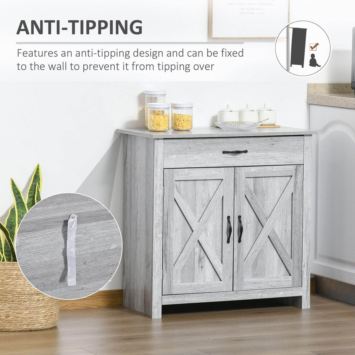 Grey sideboard cabinet with barn doors, drawer, and wall anti-tip strap feature