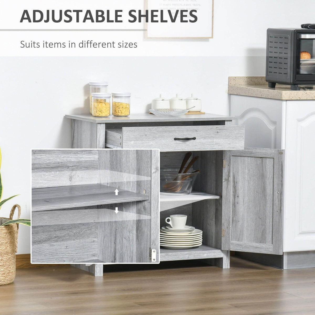 Grey sideboard cabinet with adjustable shelves behind two doors and top drawer