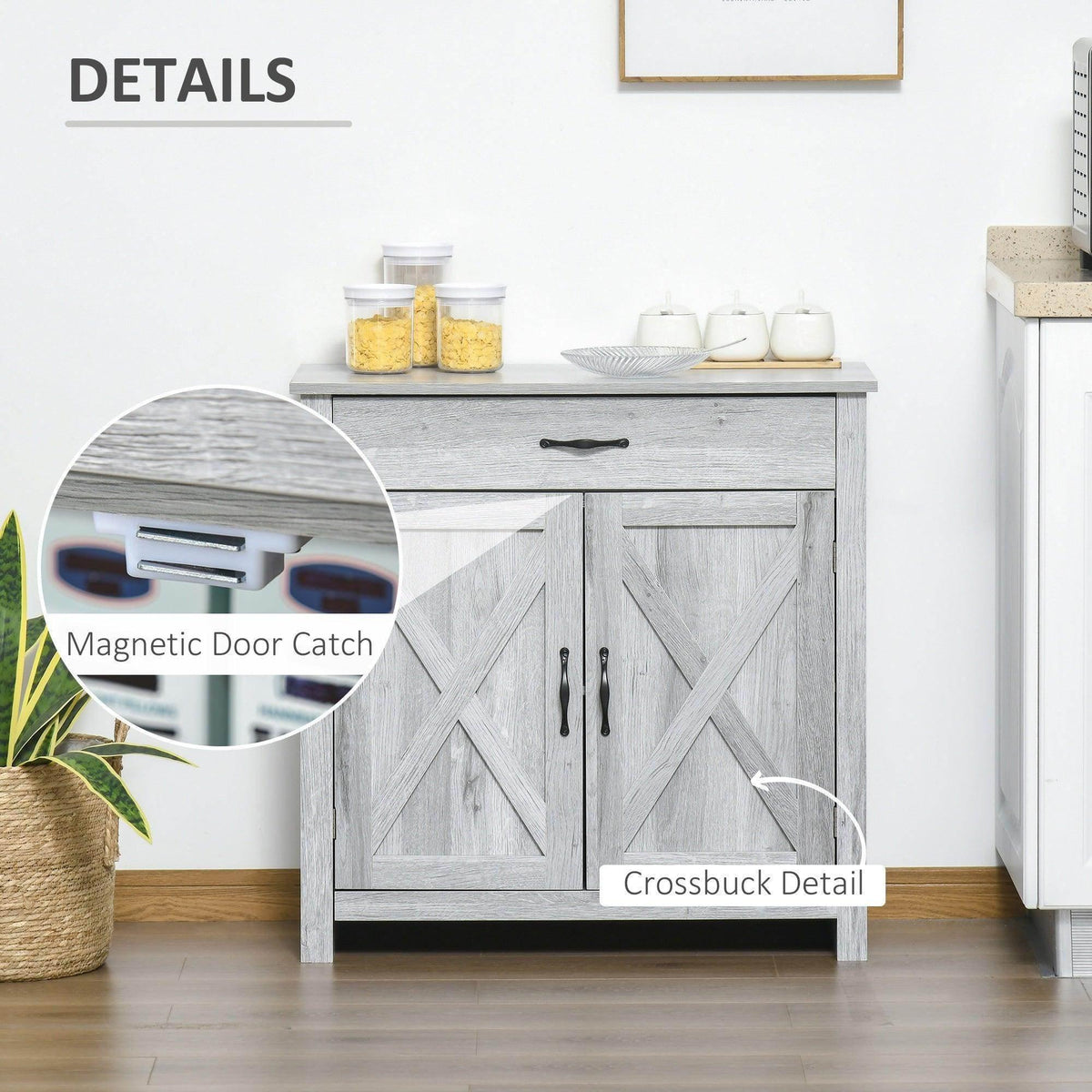 Grey sideboard cabinet with magnetic door catch and crossbuck door panel detail