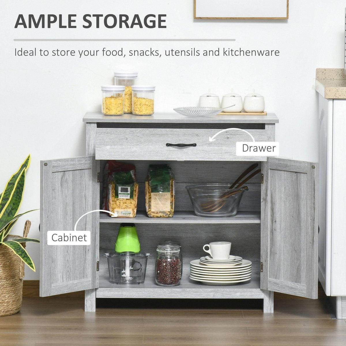 Grey sideboard cabinet with open storage shelves, cabinet doors, and top drawer