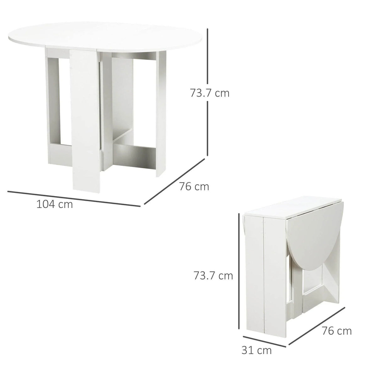 White folding bar table with rounded top, open side shelf, and labeled dimensions.
