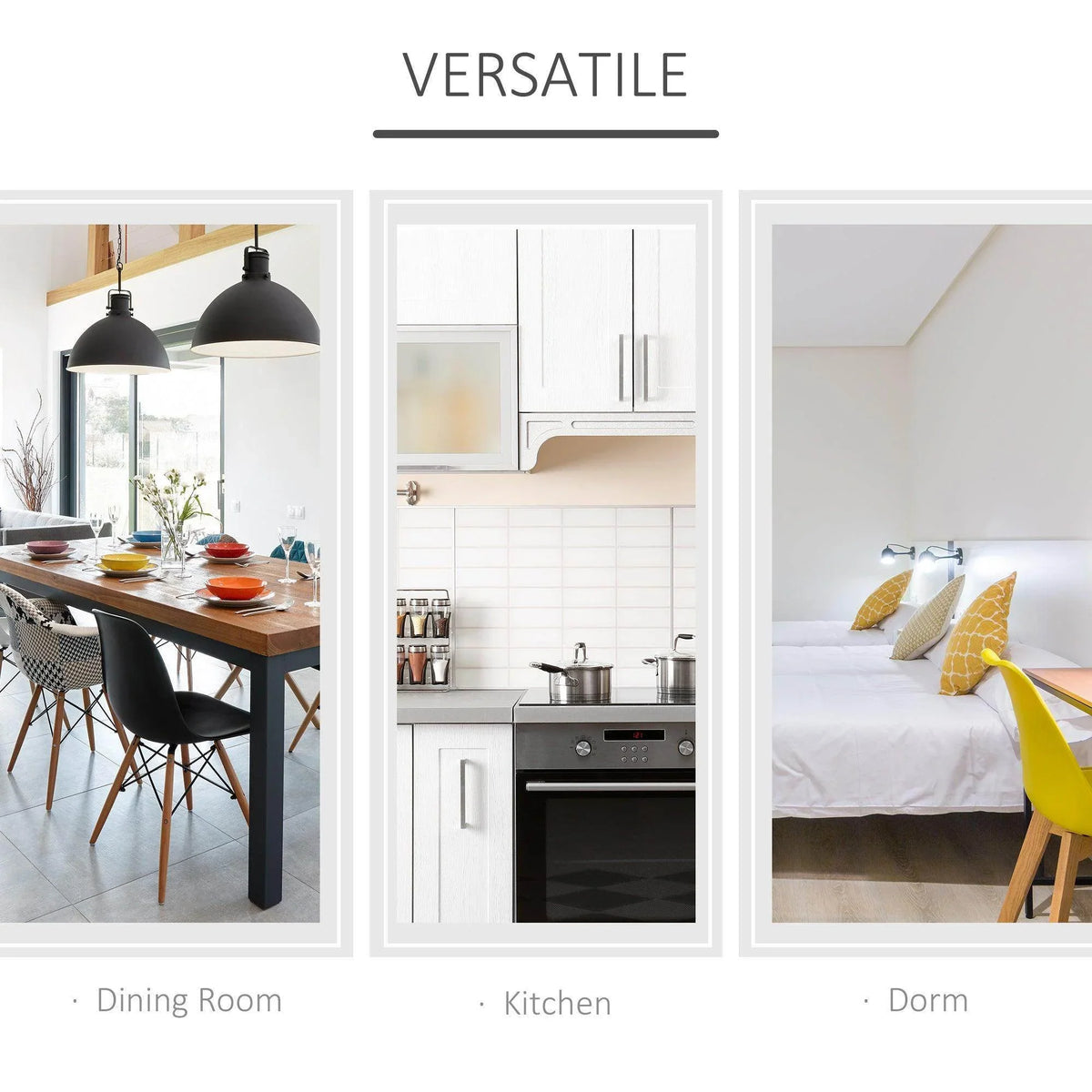 White folding bar table versatility shown with compact table setup in different rooms.