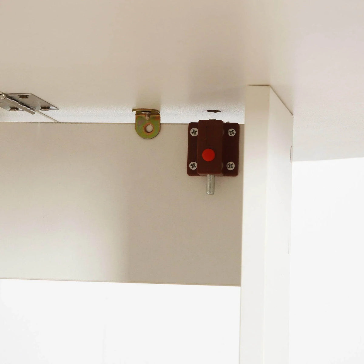 White folding bar table locking hinge and bracket underside for secure folding.