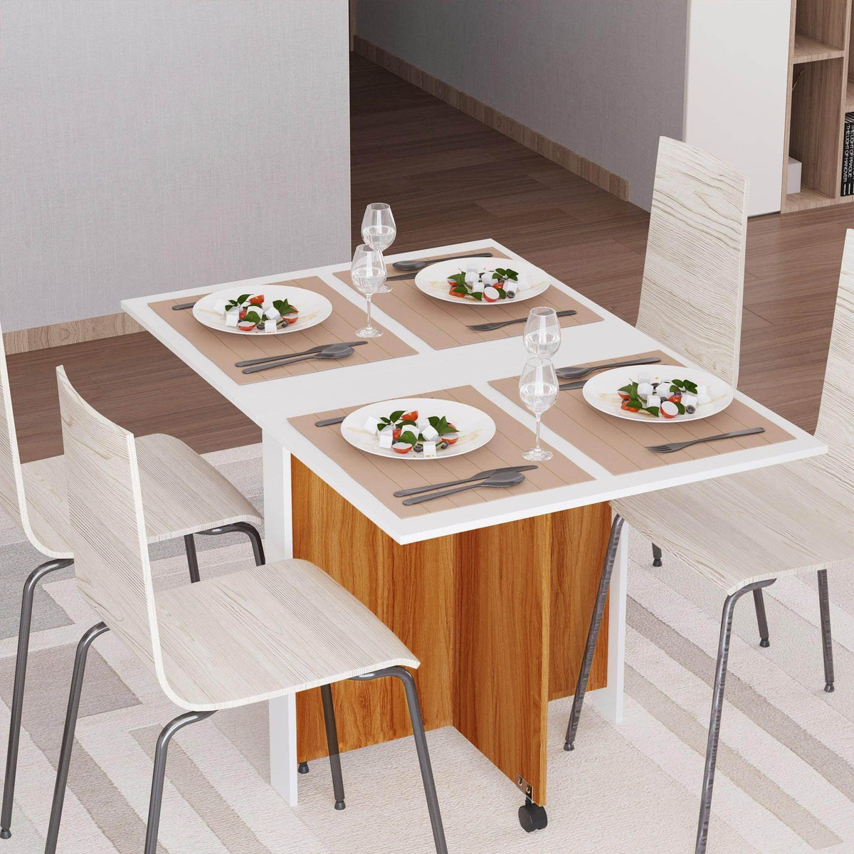 Folding desk with white tabletop, light wood sides, and rolling caster feet