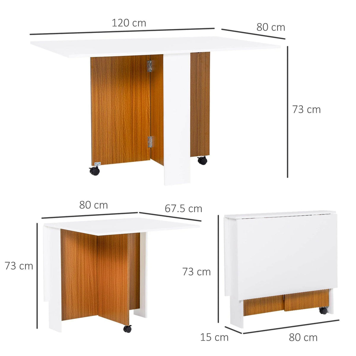 White folding desk with wood panels and rolling casters, shown with size markings