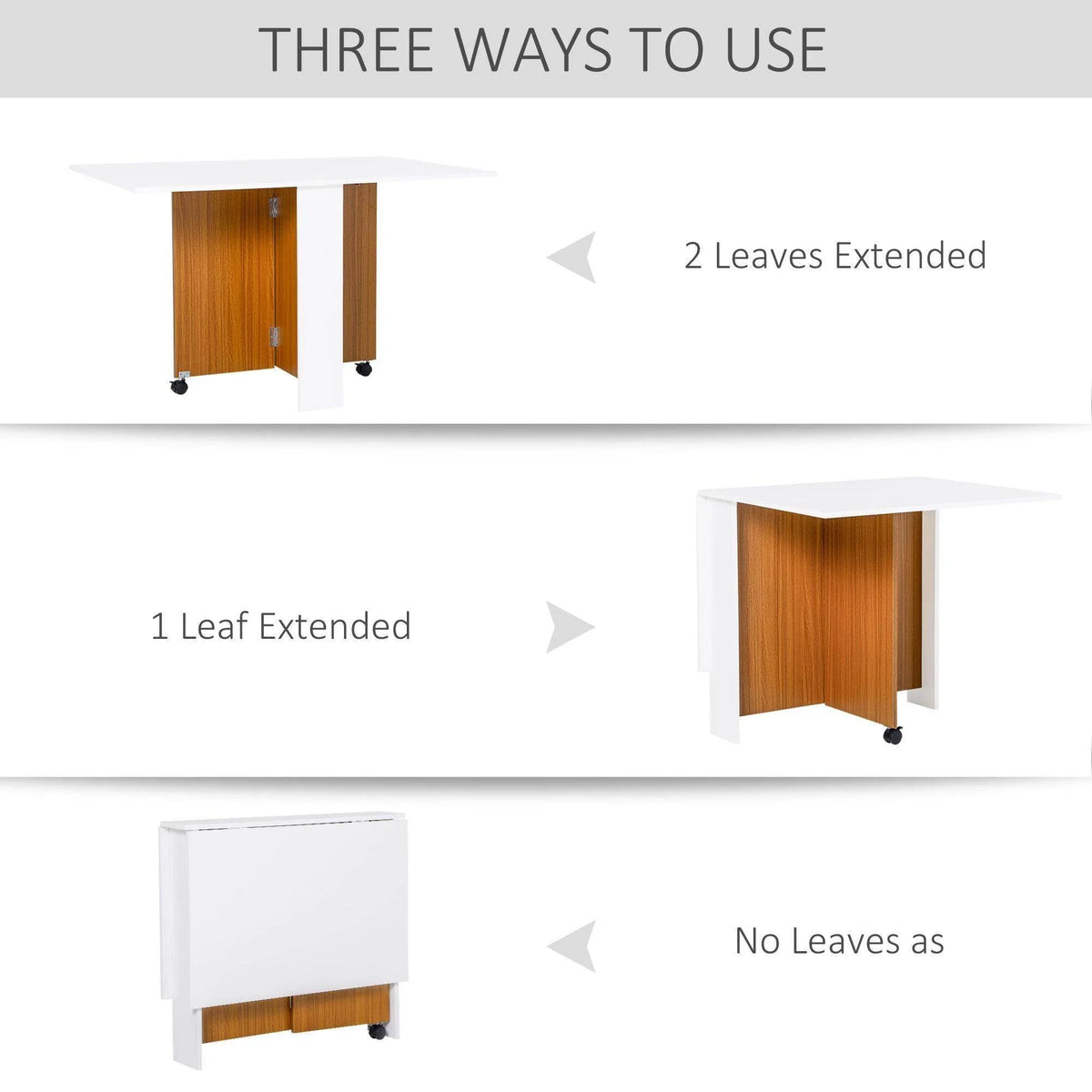 Folding desk shown with single and extended leaves, supported by rolling casters