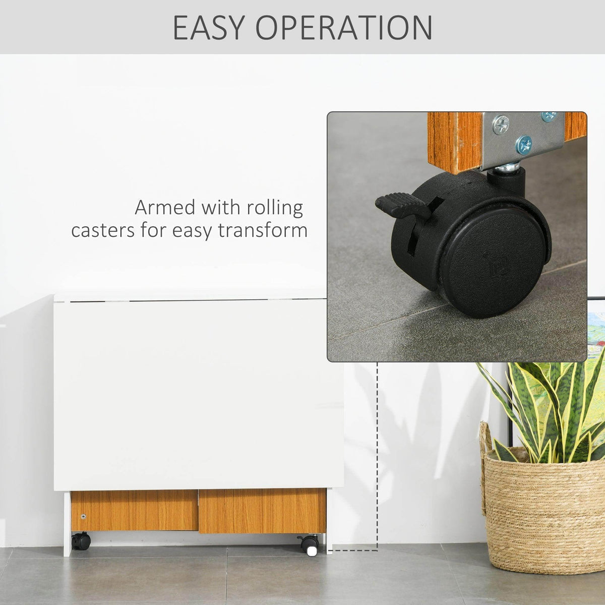 Folding desk on rolling casters with white top and light wood side panels