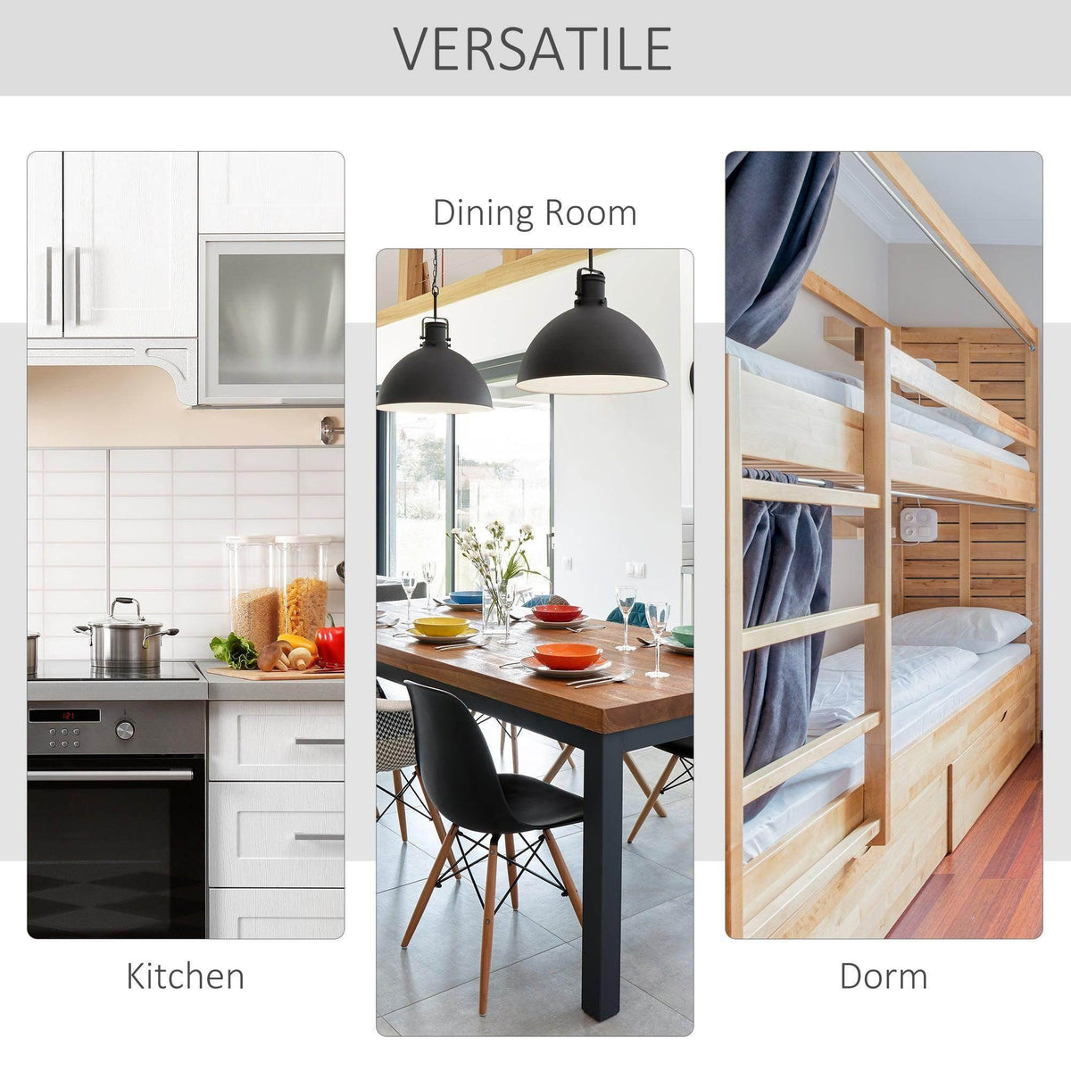 Folding desk with white top and wood base, caster feet shown in room views