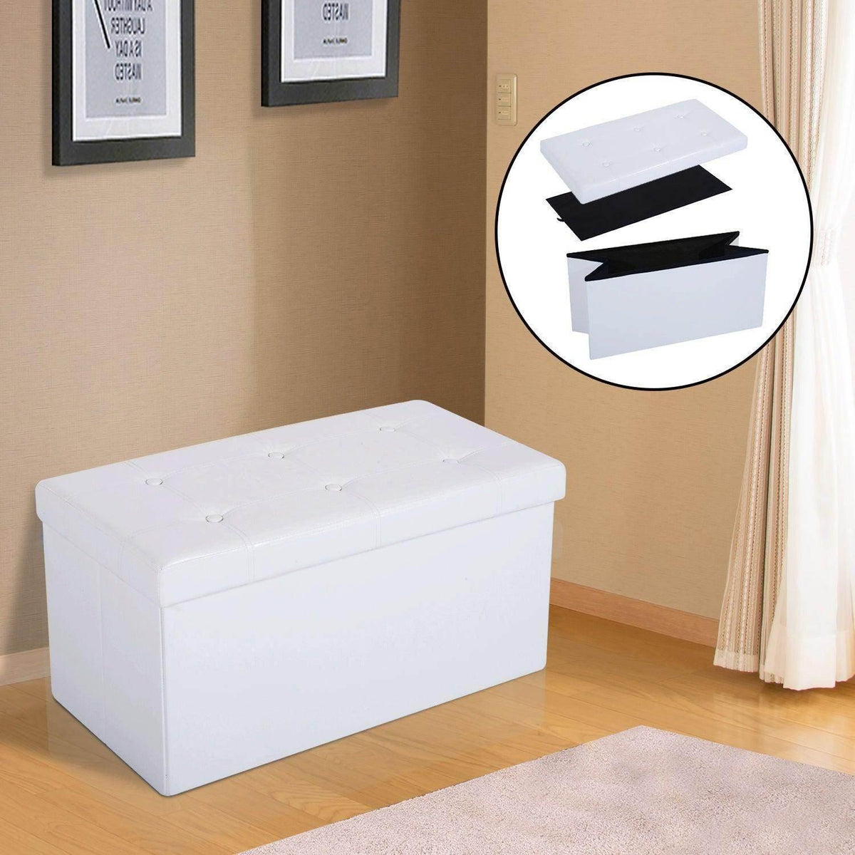Cream white folding ottoman bench with tufted top and compact storage seat.