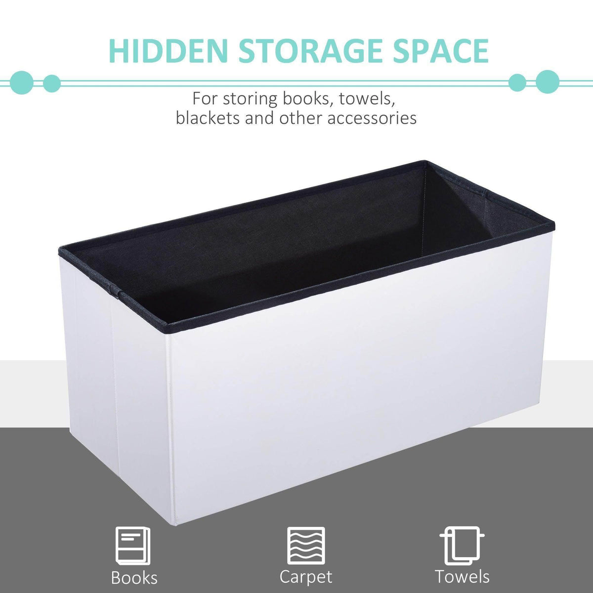 Cream white storage ottoman bench with black-lined interior tray for hidden storage.