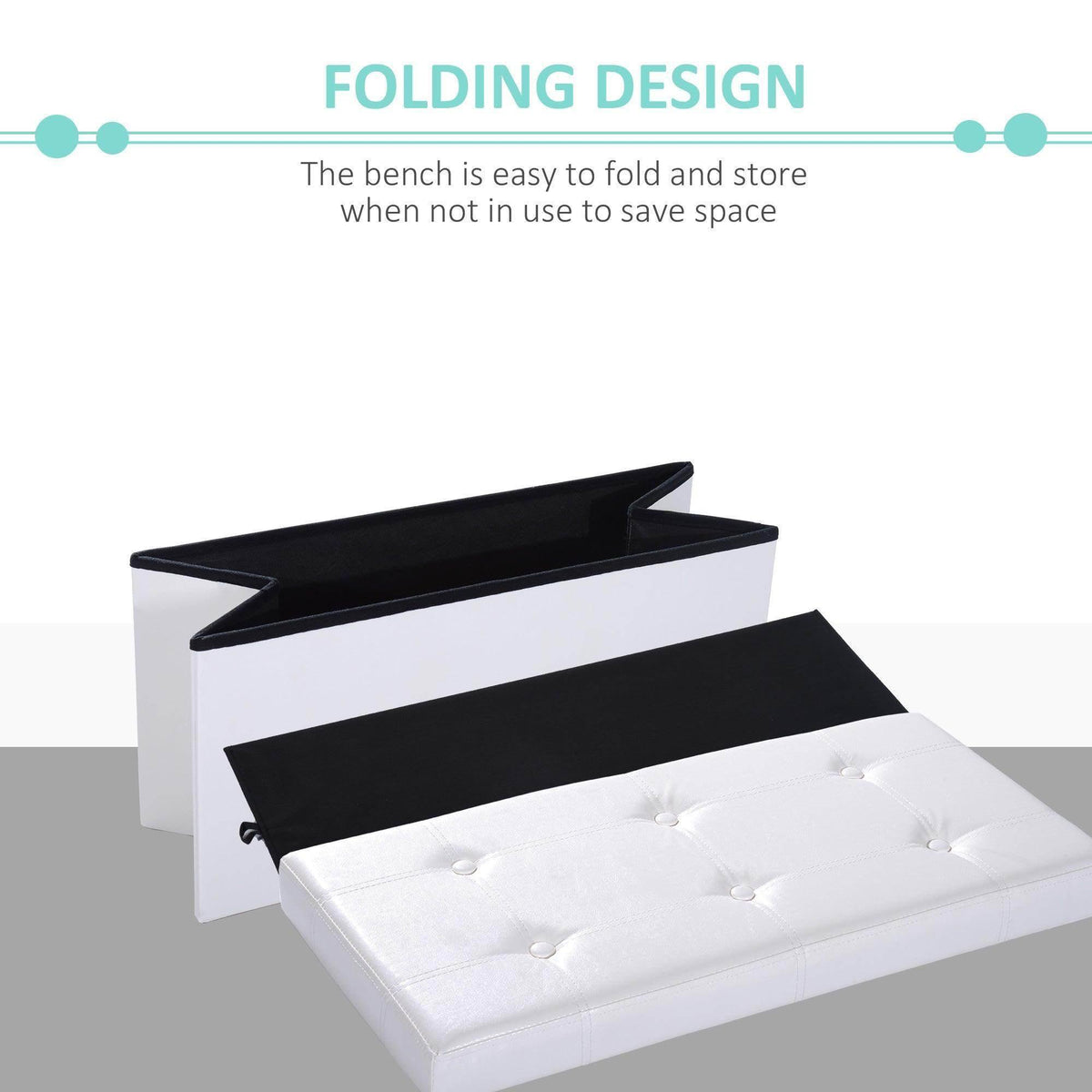 Cream white folding ottoman bench with hinged lid opened to reveal inner seating.