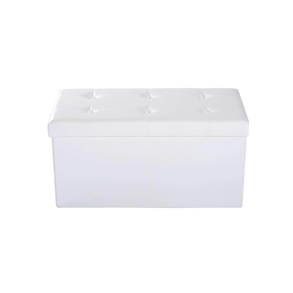 Cream white upholstered ottoman bench with tufted cushion top and clean, squared edges.