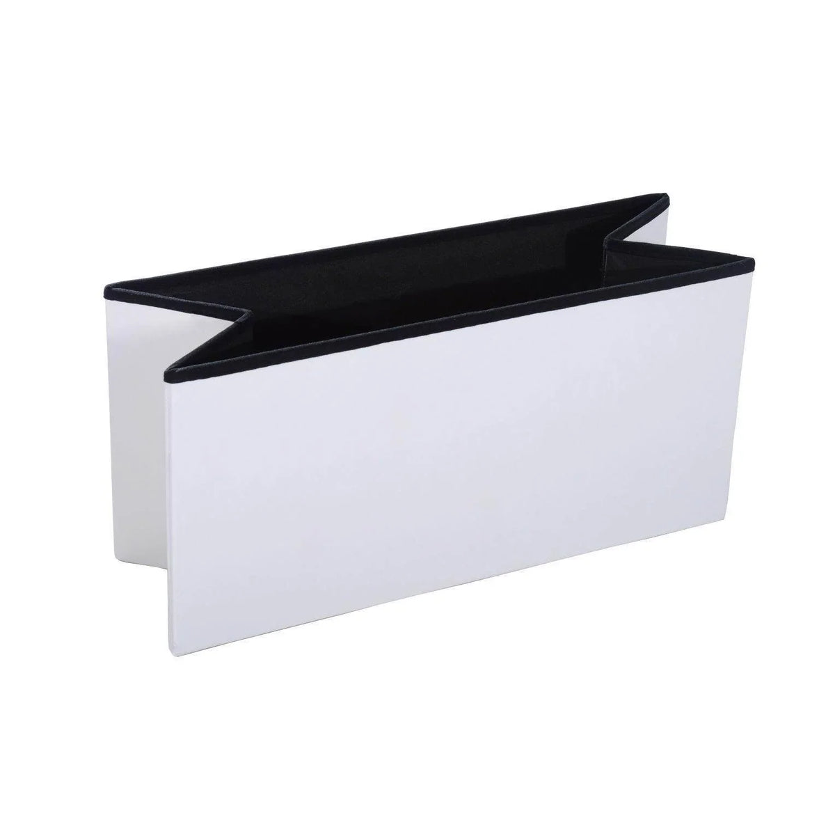 Cream white folding ottoman bench shown open, revealing dark inner storage surface.