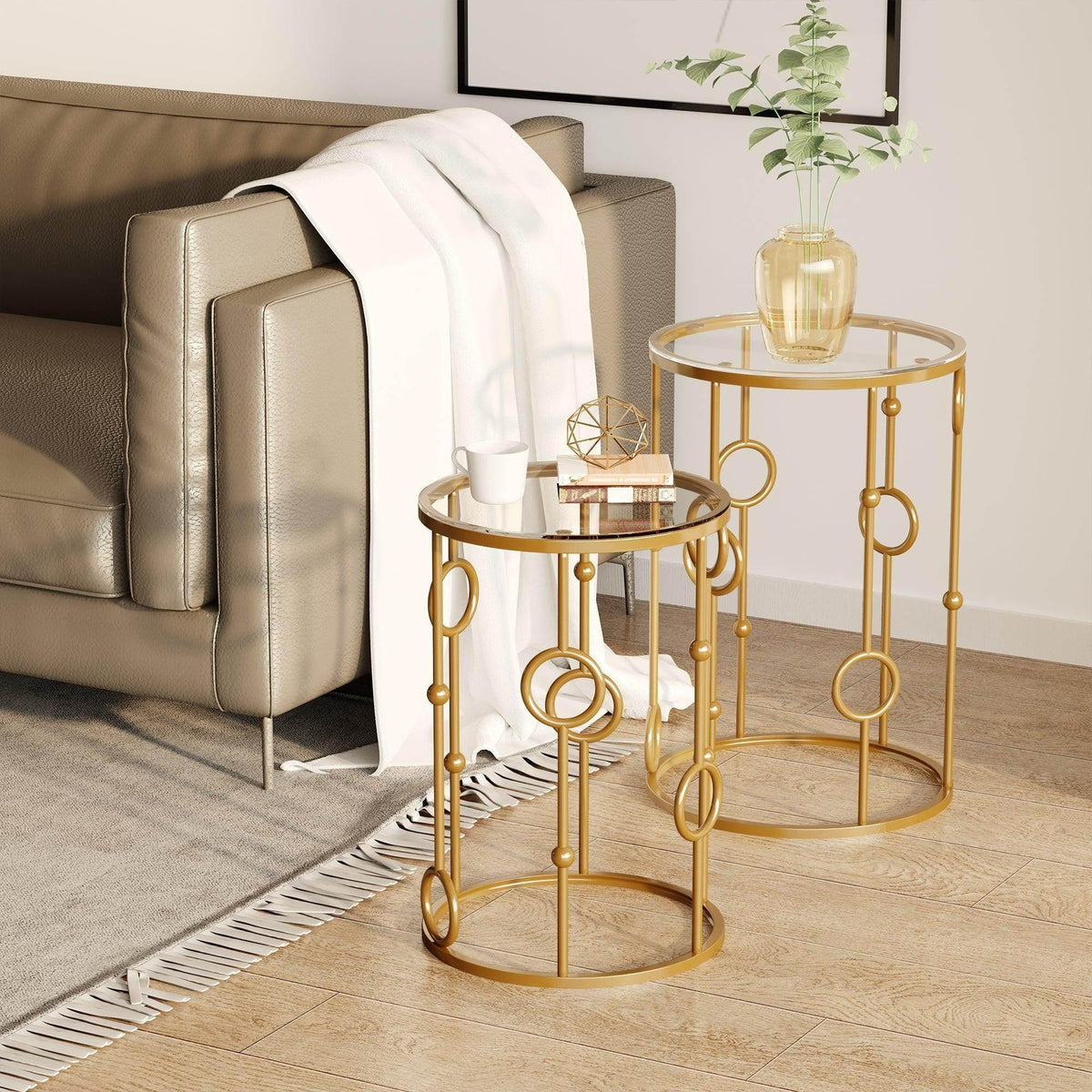 Gold round coffee table set with clear glass tops and ornate circular metal frames