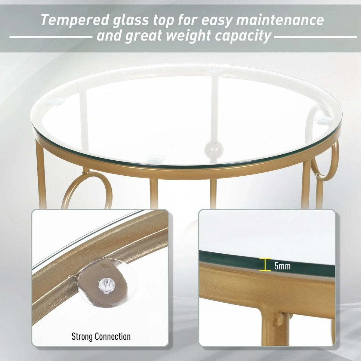 Clear round glass coffee table top with gold metal frame and curved corner mount
