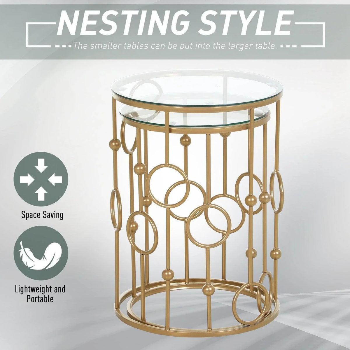 Round nesting coffee table with gold scrollwork metal frame and clear glass tabletop