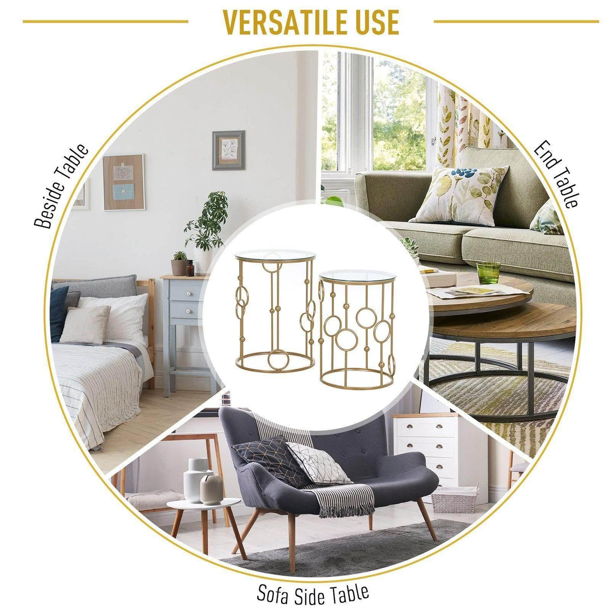 Gold round nesting tables with clear glass tops and ornate metal frame for side use