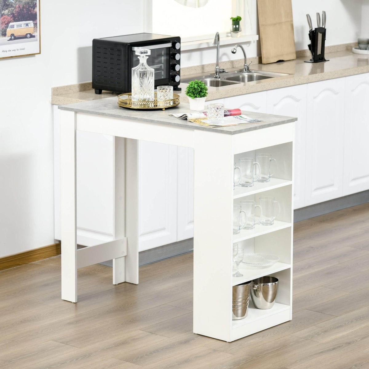 White bar table with grey top and open storage shelves for barware beneath.