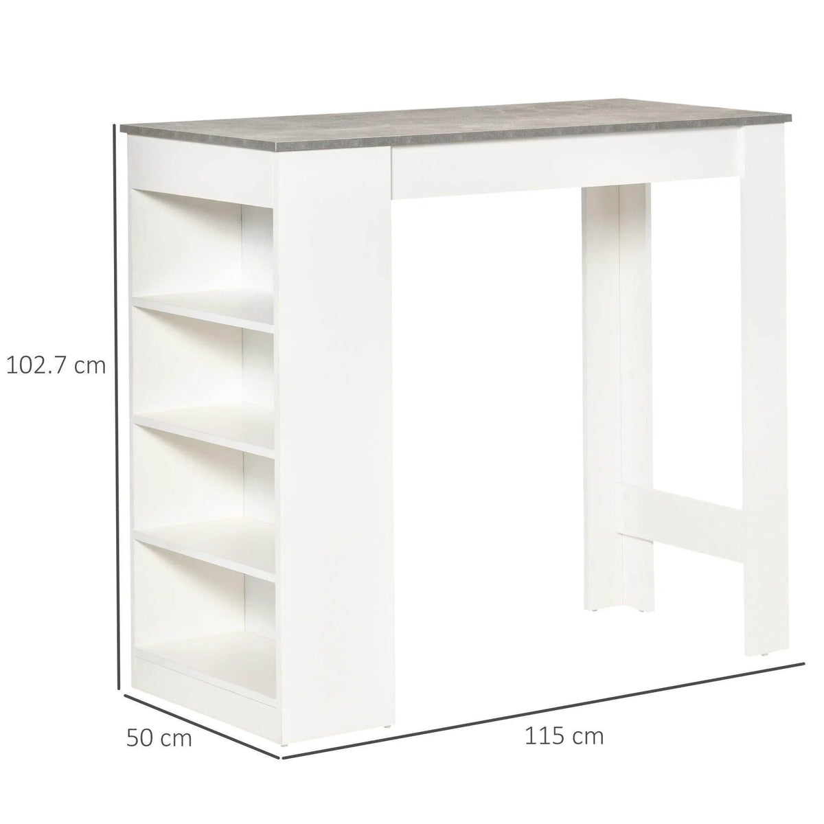 White 4-tier bar table with grey top, side shelves, and front leg opening—dimensions shown.