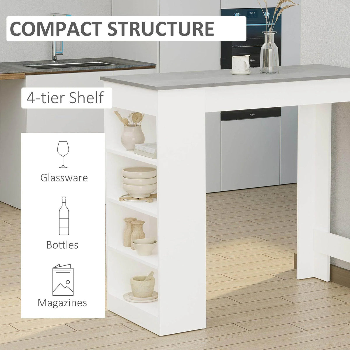 White bar table with grey top and open 4-tier storage shelf for glassware and items.