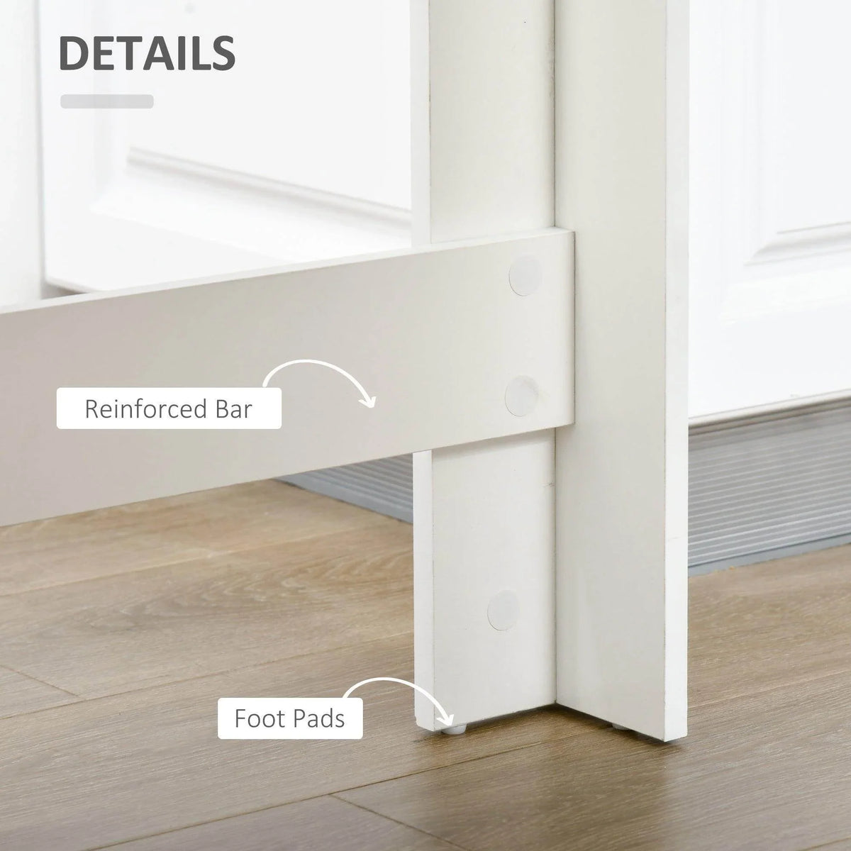Bar table frame detail with reinforced support and round foot pads at the corner.
