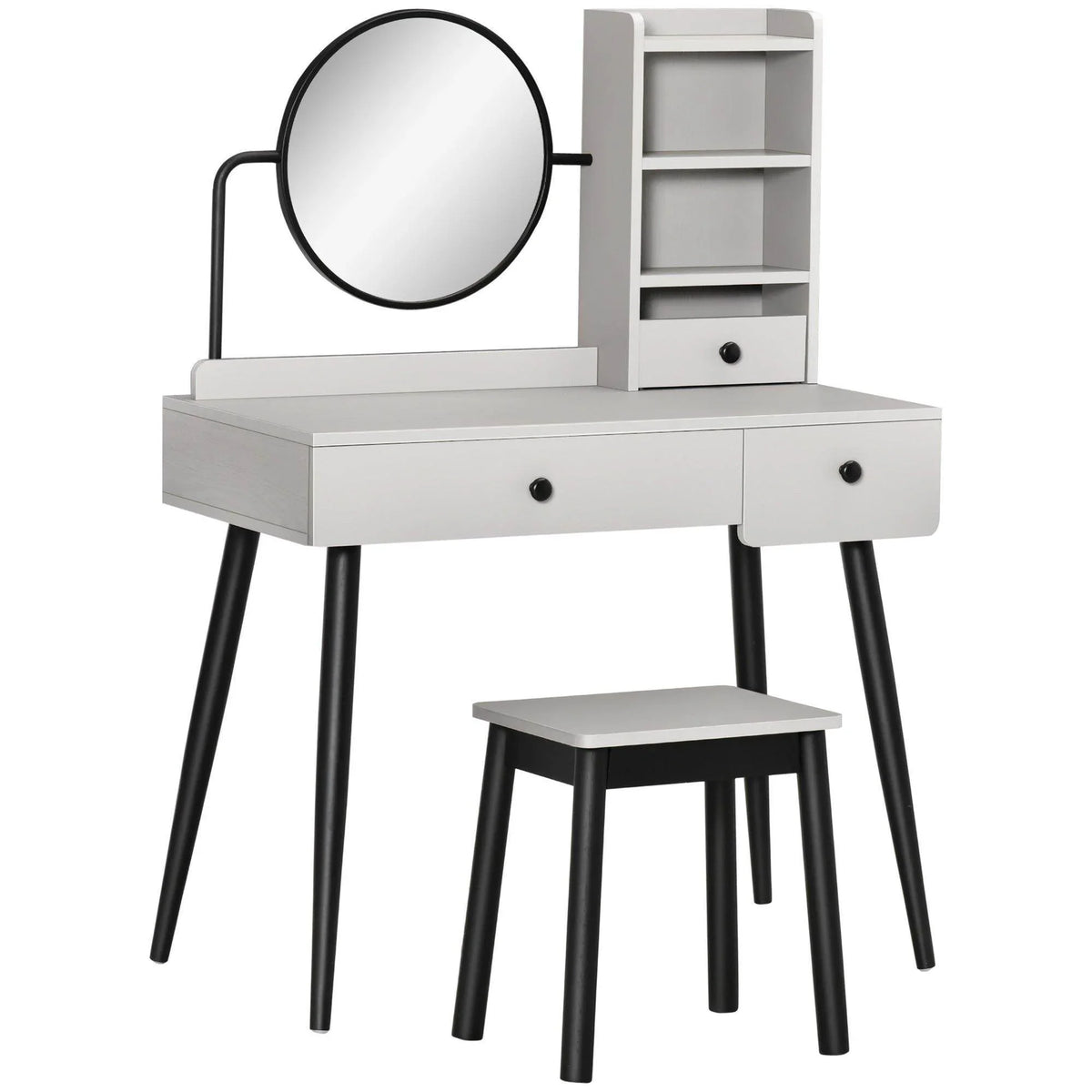 Grey dressing table with round mirror, open shelving, two drawers, and matching stool