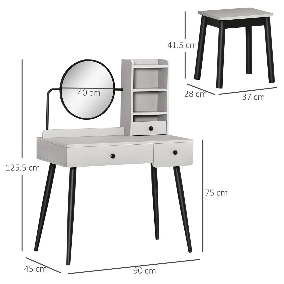Grey dressing table set with round mirror, shelving cabinet, two drawers, and stool