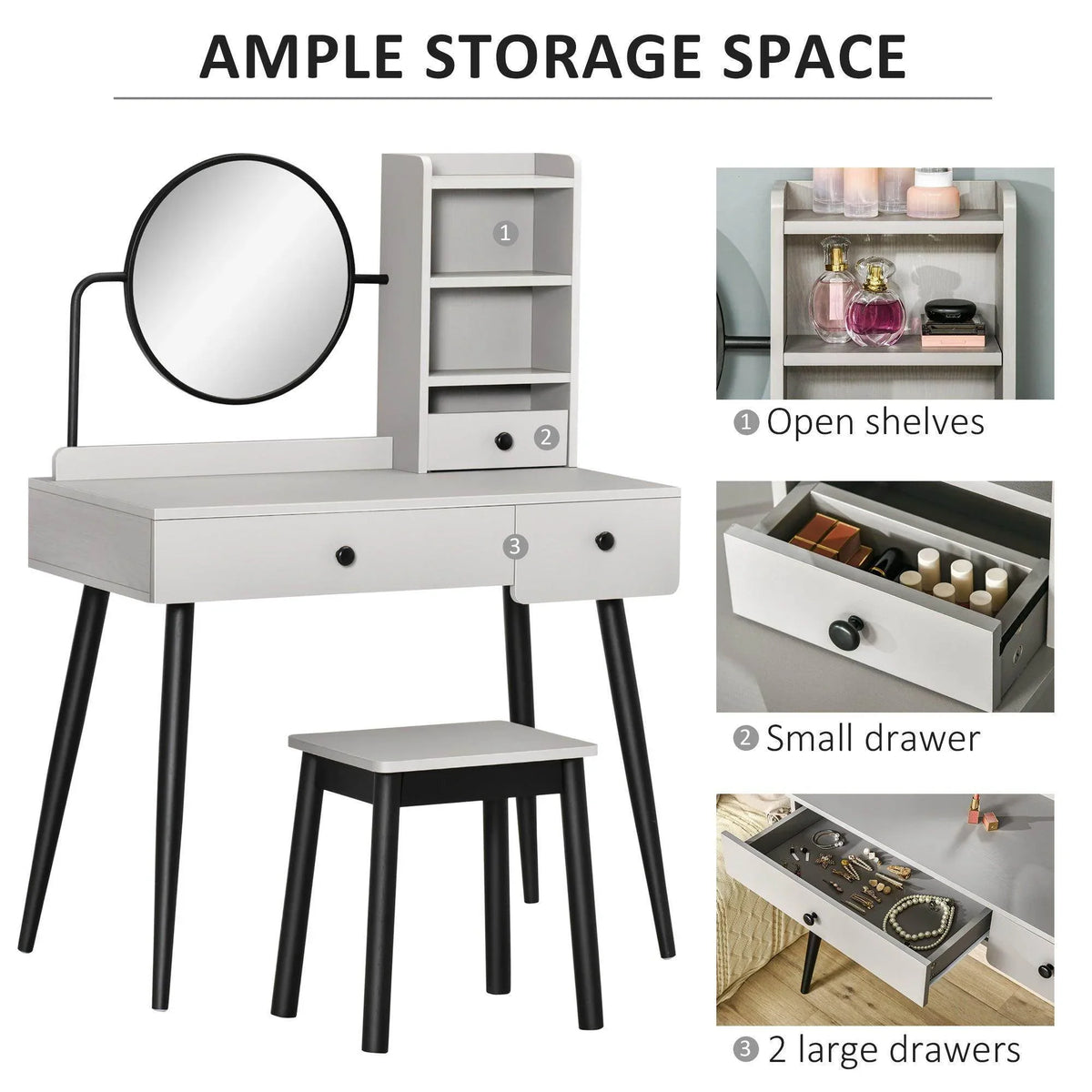 Grey dressing table set featuring round mirror, open shelves, and two large drawers