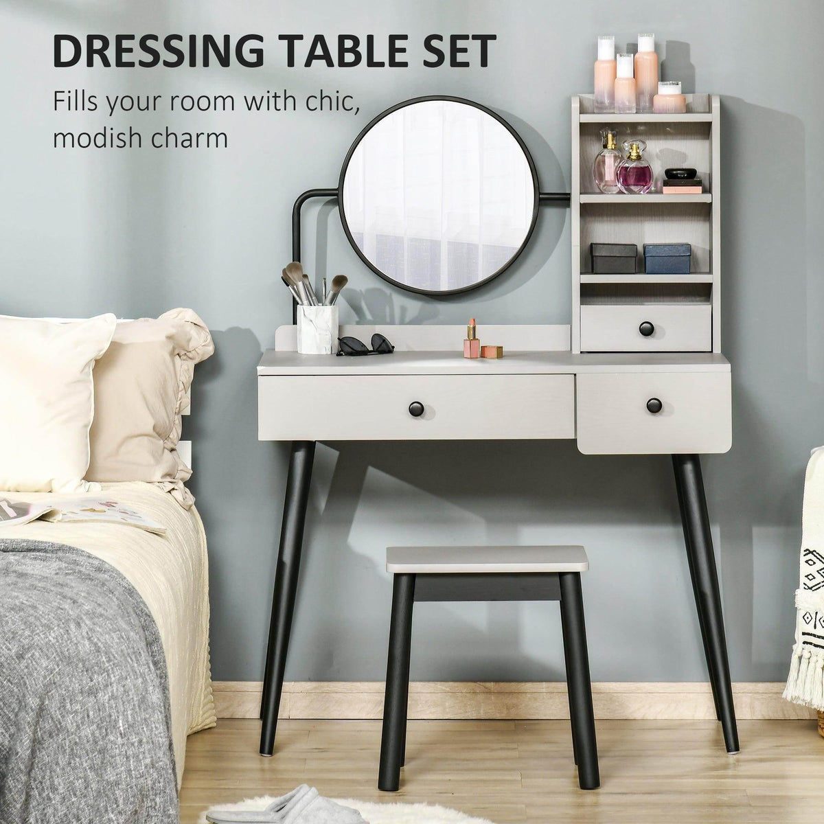 Grey dressing table with round mirror, two drawers, and open storage above