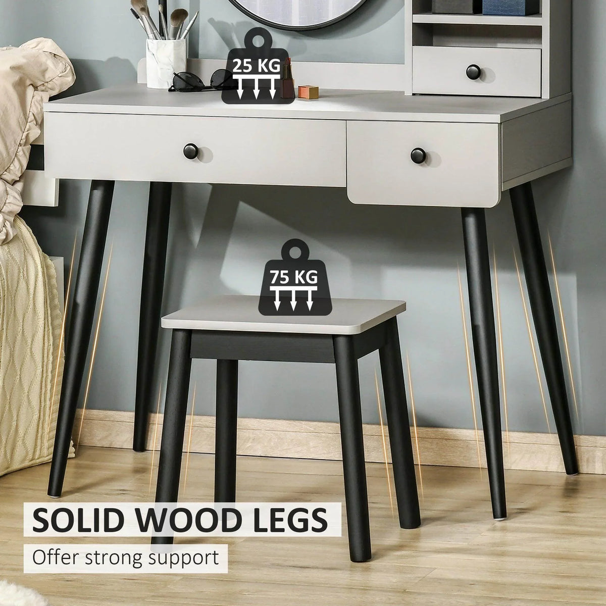 Grey dressing table with two drawers and solid wood-style legs, plus matching stool