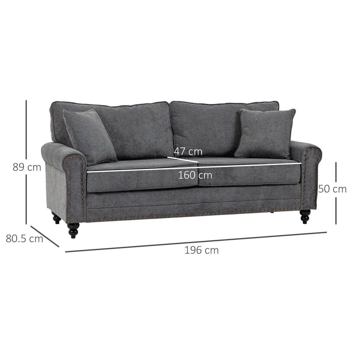 Gray loveseat with rolled arms, two seat cushions, and nailhead-trim border